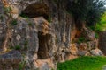 AKYAKA, MUGLA, TURKEY: Ancient Lycian tombs carved into the rock in the village of Akyaka.