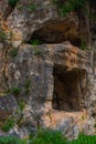 AKYAKA, MUGLA, TURKEY: Ancient Lycian tombs carved into the rock in the village of Akyaka.