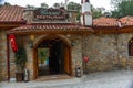 AKYAKA, MUGLA, TURKEY: Azmak river and Turkish restaurant for tourists in Akyaka village.