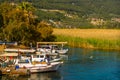 AKYAKA, MUGLA, TURKEY: Sightseeing boats for tourists on the Azmak river in the village of Akyaka.