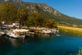 AKYAKA, MUGLA, TURKEY: Sightseeing boats for tourists on the Azmak river in the village of Akyaka.