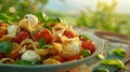 Al dente pasta mingled with ripe cherry tomatoes, mozzarella, and fresh basil, basking in the warm, golden glow of the