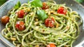Al dente spaghetti is delightfully entwined with a creamy pesto sauce, topped with juicy cherry tomatoes and toasted Royalty Free Stock Photo