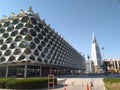 Al Faisaliyah pyramid shape building and iconc corner of National Library in Riyadh