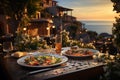 Al fresco dining at a Mediterranean restaurant, an inviting outdoor dinner setting Royalty Free Stock Photo