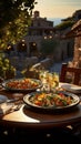 Al fresco dining at a Mediterranean restaurant, an inviting outdoor dinner setting Royalty Free Stock Photo