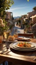 Al fresco dining at a Mediterranean restaurant, an inviting outdoor dinner setting Royalty Free Stock Photo