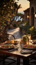 Al fresco dining at a Mediterranean restaurant, an inviting outdoor dinner setting Royalty Free Stock Photo