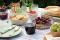 al fresco lunch picnic for two with tableware, glasses, and spreads