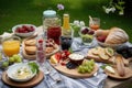 al fresco lunch picnic for two with tableware, glasses, and spreads