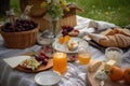 al fresco lunch picnic for two with tableware, glasses, and spreads