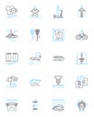 Al fresco recreation linear icons set. Picnic, Grilling, Hiking, Cycling, Camping, Swimming, Boating line vector and