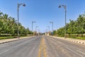AL Fujayrah, United Arab Emirates. View of an empty paved street, with beautiful gilded streetlights marked pedestrian walkways, p