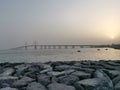 Al Hudayriat hanging or Cable stayed bridge view from al bateen beach in evening