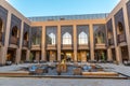 Al Jabal, Oman - Jan 22nd 2018 - The open lobby with a fire pit of the Anantara hotel in Al Jabal in Oman in a blue sky day.