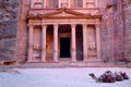 Al Khazneh - temple, treasury, ancient rock city of Petra, sandstone carved archaeological site, Siq canyon, Jordan