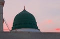Al-Masjid An-Nabawi - The Prophet Mosque. Iftar time for Ramadan. Sunset at Medina. The famous Green Dome