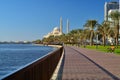 Al Noor mosque, Al Buhaira corniche and skyscrspers in Sharjah Royalty Free Stock Photo