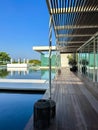 Exterior of the Oberoi Beach Luxury Resort with water features and contemporary architecture in Al Zorah, Ajman, UAE.