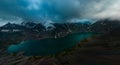 Ala-Kul Lake from the Alakel mountain pass in the Tien Shan Mountains, Karakol, Kyrgyzstan. Panoramic horizontal photo.