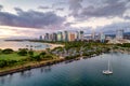 Ala Moana Beach Park and Magic Island, with Kakaako skyline of Honolulu