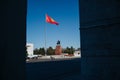 BISHKEK, KYRGYZSTAN: Ala Too Square Waving Kyrgyz Flag on Flagpole with Hero Manas Statue and State History Museum View Point