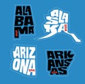 Alabama, Alaska, Arizona, Arkansas state names distorted into state outlines. Pop art style vector illustration.