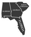 Alabama - Georgia - South Carolina - Florida Map labelled black