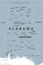 Alabama, AL, gray political map, US state, The Yellowhammer State Royalty Free Stock Photo