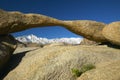 The Alabama Hills Arch framing Mount Whitney and the snowy Sierra Mountains at sunrise near Lone Pine, CA Royalty Free Stock Photo