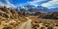 A scenic route in Alabama Hills overlooks Mount Whitney, California. AI generated Illustration Royalty Free Stock Photo