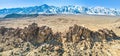 Alabama Hills with Mount Whitney in the back. Movie Raod. Aerial Panorama