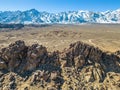 Alabama Hills with Mount Whitney in the back. Movie Raod. Aerial Panorama