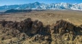 Alabama Hills with Mount Whitney in the back. Movie Raod. Aerial Panorama