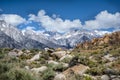 Alabama Hills with Mount Whitney in the back. Unusual stone formations in Alabama hills, California, USA Royalty Free Stock Photo