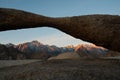 Glowing Lone Pine Peak and Mount Whitney Under Lathe Arch During Sunrise, Alabama Hills, Lone Pine, California Royalty Free Stock Photo