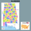 Alabama Map. State and district map of Alabama. Administrative and political map of Alabama with neighboring countries and borders