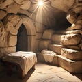 A alabaster cave with an empty stone bench like bed built into the stone wall.