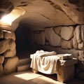 A alabaster cave with an empty stone bench like bed built into the stone wall.