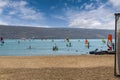 Alacati, Izmir, Turkey - August 25 2021: Panoramic view of Alacati is famous for wind and kite surfing