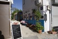 In Alacati there are cafes, covered and food menues in front of the hotels Royalty Free Stock Photo