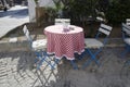 Turkey Alacati turquoise tablecloths, blue chairs, all alacaty classic Royalty Free Stock Photo