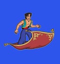 Aladdin cartoon character flies on a carpet across the sky illustration