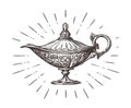 Aladdin magic or genie lamp. Vintage sketch vector illustration Royalty Free Stock Photo