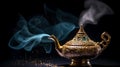 aladdin magic lamp on black with smoke, AI Generative Royalty Free Stock Photo