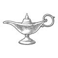 Aladdin magic metal lamp. Vector black vintage engraving Royalty Free Stock Photo