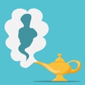 Aladdin`s Magic Lamp. Vector genie magic aladdin lamp with white smoke as a copy-space. Royalty Free Stock Photo