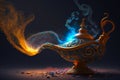 Aladdin's Magic Lamp from which the genie flies out. Created with Generative AI technology Royalty Free Stock Photo