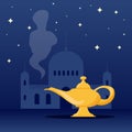 Aladdin's magic lamp. Aladdin's magic lamp icon with genie. Vector illustration. Royalty Free Stock Photo