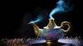 Aladdins mysterious lamp with glowing fire and smoke on a dark magical background Royalty Free Stock Photo